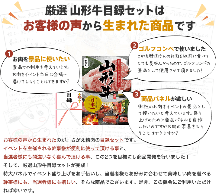 厳選山形牛目録セットはお客様の声から生まれた商品です
