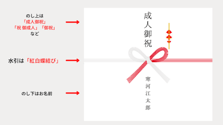 のし上は成人御祝、祝ご成人など。水引は紅白蝶結び。のし下はお名前。