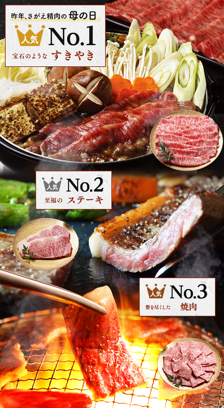 昨年のさがえ精肉の母の日人気ランキング 1位すきやき 2位ステーキ 3位焼肉