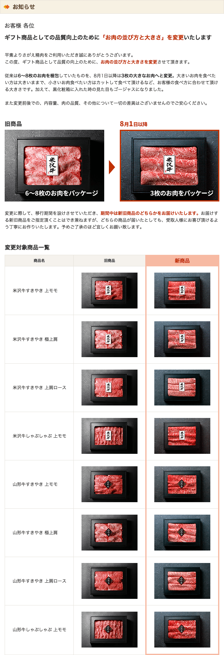 贈って喜ばれるギフト商品としての品質を向上するために8月1日以降、「お肉の並び方と大きさ」を変更致します。