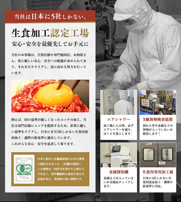 当社は日本に5社しかない生肉加工認定工場です。